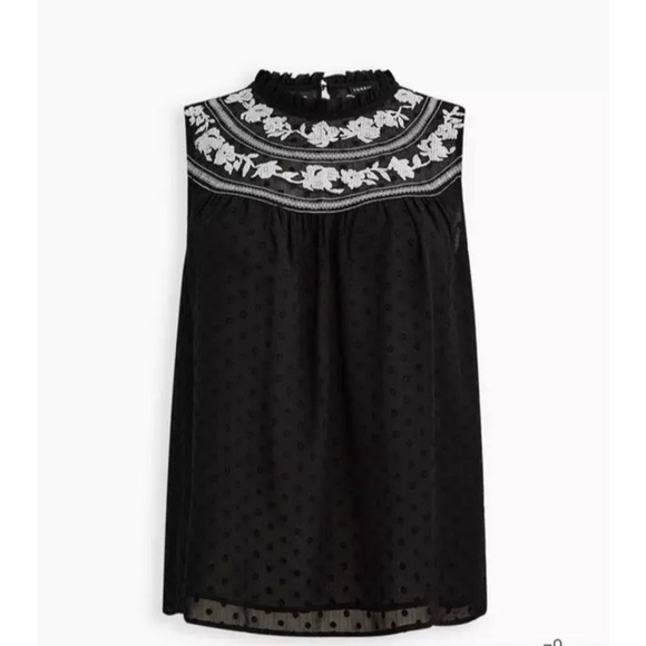 Torrid Clip Dot Embroidered Tank Chiffon Black Plus 26‎ Ruffle Neck Sleeveless - Picture 2 of 8